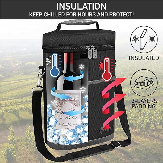 OPUX 2 Bottle Wine Carrier Tote, Insulated Leakproof Wine Cooler Bag, Wine Travel Bag Tote for Picnic BYOB Beach, Portable Wine Bottle Carrying Case, Gift for Wine Lover Women Men Christmas, Dark Grey