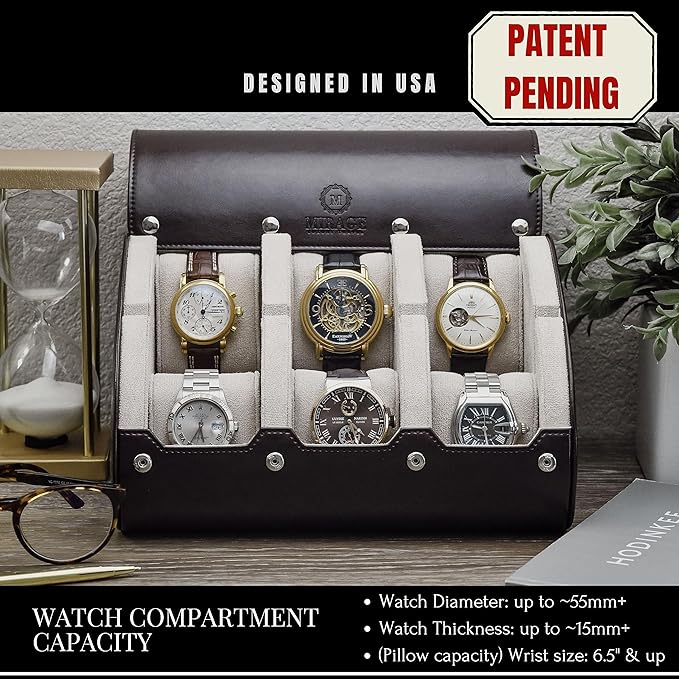 6 Watch Case Bbox for Travel Watch Roll for Men Watch display organizer - Espresso Brown & Ivory White Interior