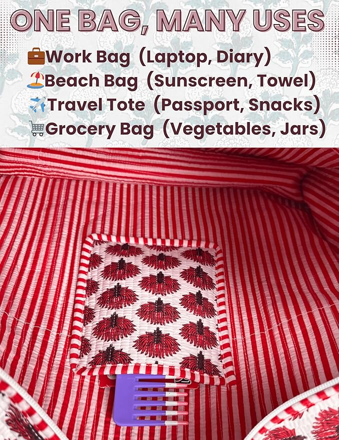 Cotton Quilted Tote Bag for Women – Large Beach & Travel Tote with Zipper, Reusable Grocery Bag