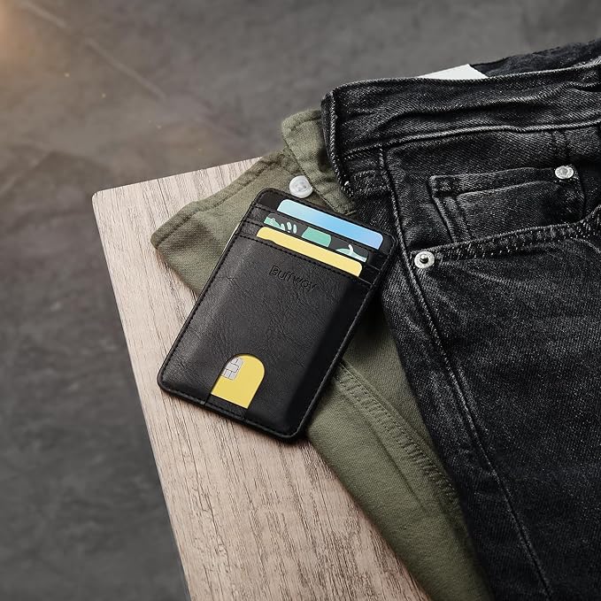 Buffway Mens Slim Wallet, Minimalist Thin Front Pocket Leather Credit Card Holder with RFID Blocking for Work Travel