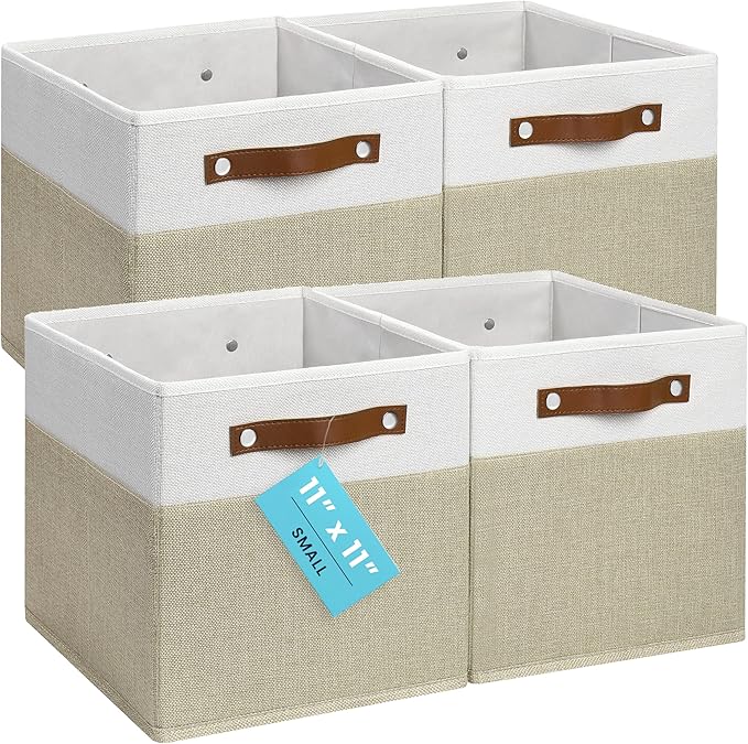 OrganiHaus 11x11 Fabric Cubes Storage Bins Set of 4, Foldable Collapsible Fabric Storage Bins for Organizer, Cubbies Organizer for Kallax, Linen Cube Shelf Baskets, Toy Organizing boxes - Beige/White