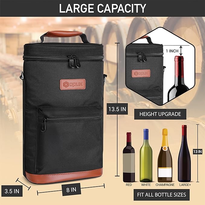 opux Wine Bag 2 Bottle Wine Tote Carrier, Insulated Wine Cooler Bag for Travel Picnic, Leakproof Portable Bottle Padded Case, Wine Gifts For Women Men Wine Lovers Christmas, Black