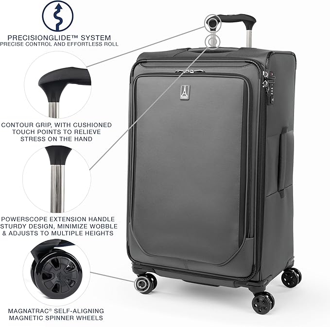 Travelpro Crew Classic Lightweight Softside Expandable Checked Luggage, 8 Wheel Spinner Suitcase, TSA Lock, Men and Women, Checked Large 29-Inch, Titanium Grey