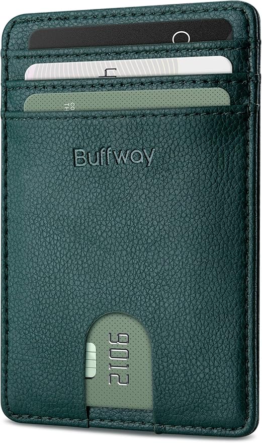 Buffway Mens Slim Wallet, Minimalist Thin Front Pocket Leather Credit Card Holder with RFID Blocking for Work Travel