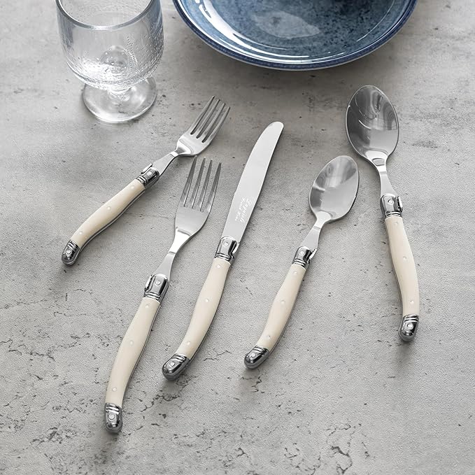 French Home Laguiole 20 Piece Flatware Set – 18/10 Stainless Steel Flatware Set for 4 – Luxurious Ivory-Colored Utensil Set w/Knives, Spoons and Forks