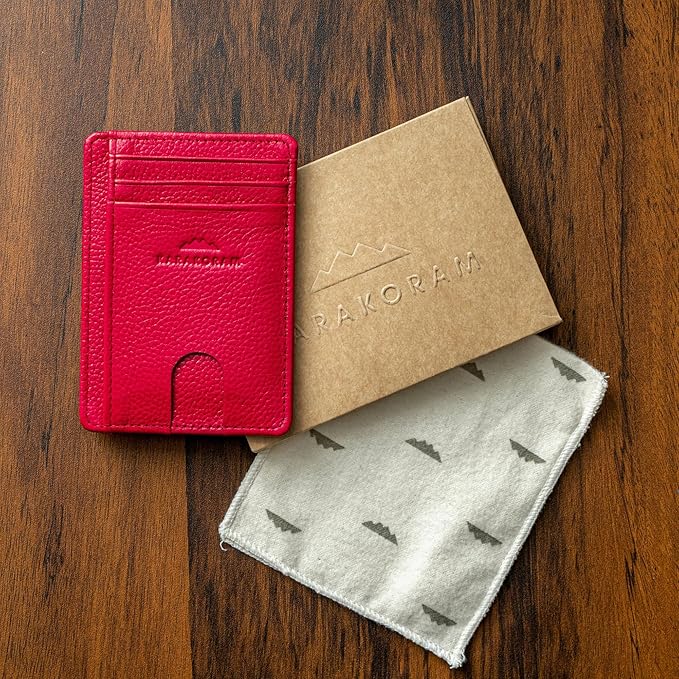 KARAKORAM Vertical Handcrafted Premium Leather Front Pocket Credit Card Holder with RIFD Protection | Artisan Made Slim Leather Wallet | Finger Glide Slots for Cards and ID (Summit Sunset Red)