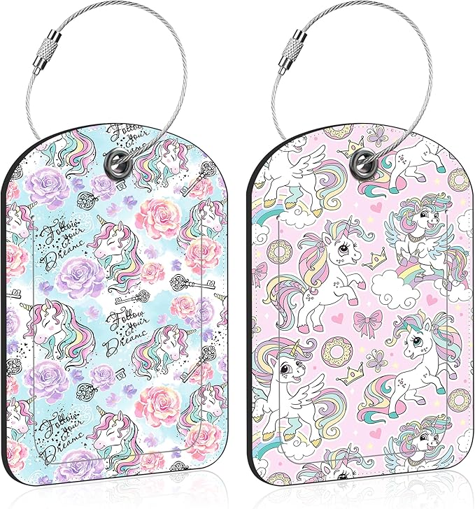 2 Pack PU Luggage Tags for Suitcase, Cute Unicorns Suitcase Tag Leather ID Label Bag Tags with Privacy Cover and Metal Loop for Men Women Travel Bag
