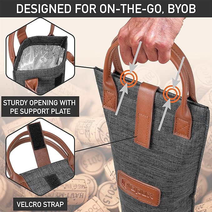 opux Wine Bag Single Bottle Carrier Tote, Insulated Travel Wine Cooler Bag for Picnic Beach Gift, Thermal Padded Portable One Bottle Holder Carrying Case for Women Men Wine Lovers, Charcoal Gray