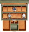ROTHWELL 10-Slot Watch Box in Leather with Valet Drawer, Luxury Watch Case Display Organizer with Ultra Soft Microsuede Liner, Jewelry and Sunglass Holder With Large Glass top (Green/Tan)