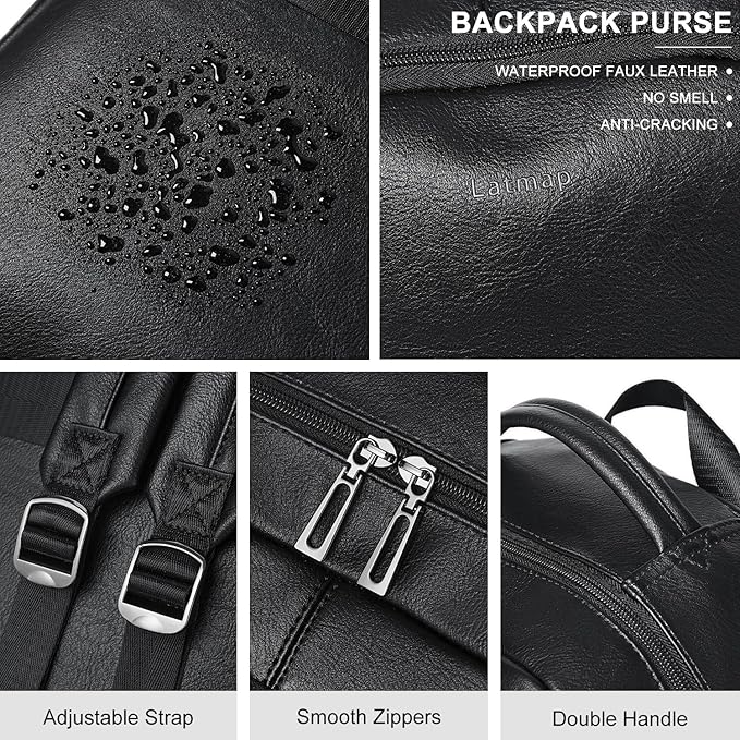 30L Business Laptop Backpack for Women Men, Travel Work Backpack Purse Faux Leather College Bookbag fits 15.6" Laptop - Black