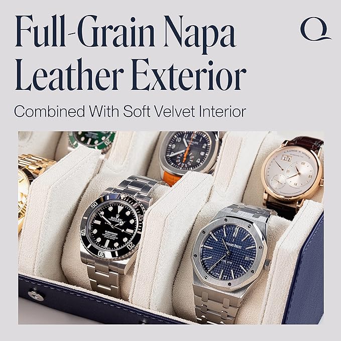 Napa Leather Watch Case for Men - Watch Roll Storage Organizer & Watch Display - Six Slot Luxury Watch Box for Home or Travel - Mens 6 Watch Holder Case (Blue Cream)