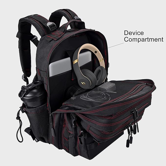 LHI Military Tactical Backpack for Men and Women 45L Army 3 Days Assault Pack Bag Large Rucksack with Shoe Compartment - Black red line