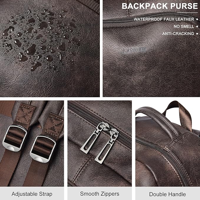 30L Business Laptop Backpack for Women Men, Travel Work Backpack Purse Faux Leather College Bookbag fits 15.6" Laptop - Coffee