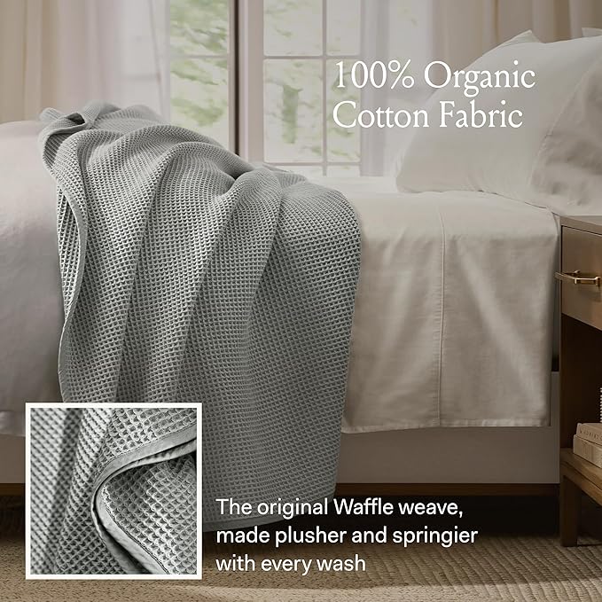 BOLL & BRANCH Waffle Bed Blanket - Full/Queen, Pewter - Luxury 100% Organic Cotton - Soft, Lightweight and Breathable - Textured Waffle Weave Design
