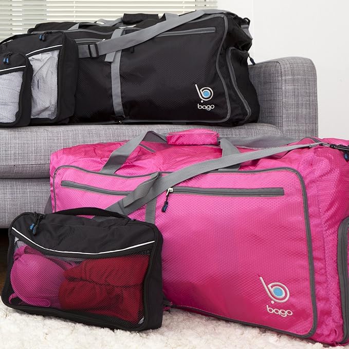Bago Large Foldable Duffel Bags for Traveling Women & Men - 80L Packable Duffle Bag for Travel with Shoe Compartment - Water Repellant, Heavy Duty, Lightweight Folding & Collapsible (All Black)