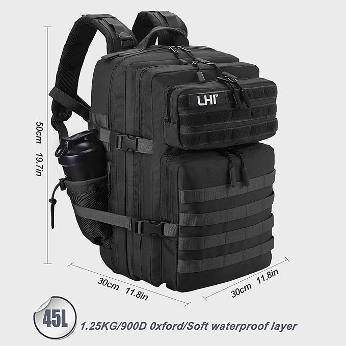 LHI Military Tactical Backpack for Men and Women 45L Army 3 Days Assault Pack Bag Large Rucksack with Shoe Compartment