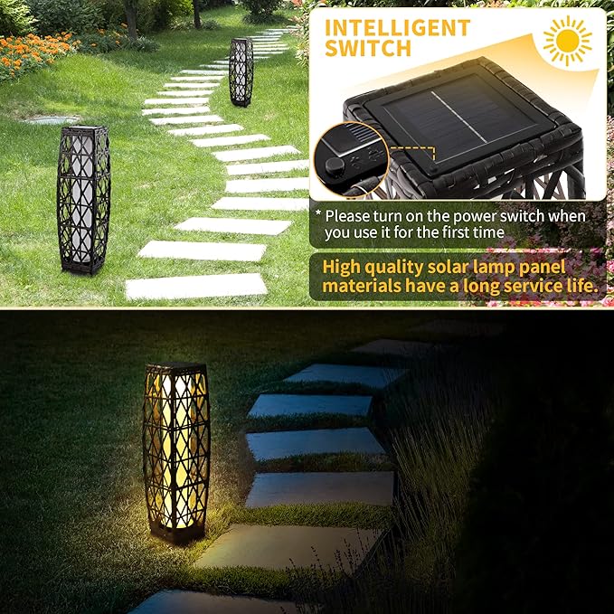 Solar Powered Outdoor Floor, 2 Piece Outdoor Floor Lamps, Solar Lanterns Waterproof, Resin Wicker Weather-Resistant Rattan Deck Light for Patio, Lawn, Porch, Garden