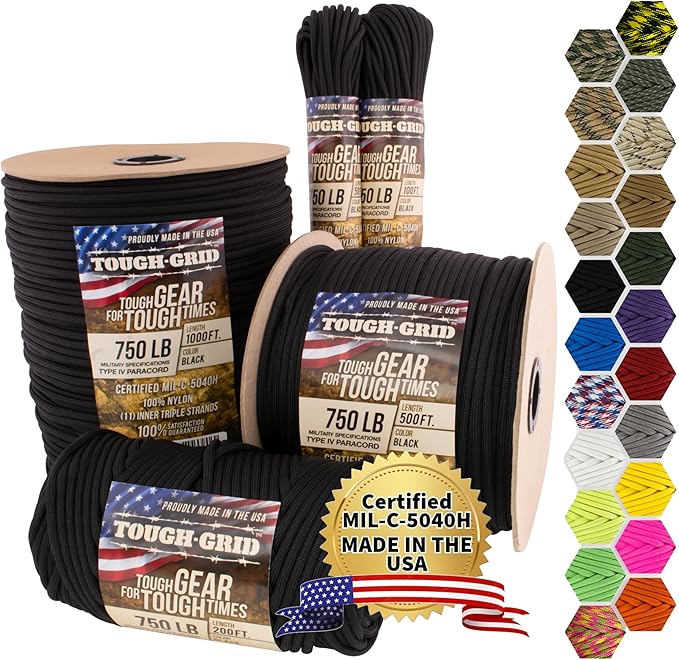 TOUGH-GRID 750 Paracord Rope Nylon Parachute Cord, Made in USA Survival Kit, Outdoor Adventures, Camping, Tactical Gear & Emergency Supplies, Military Type IV Mil-Spec