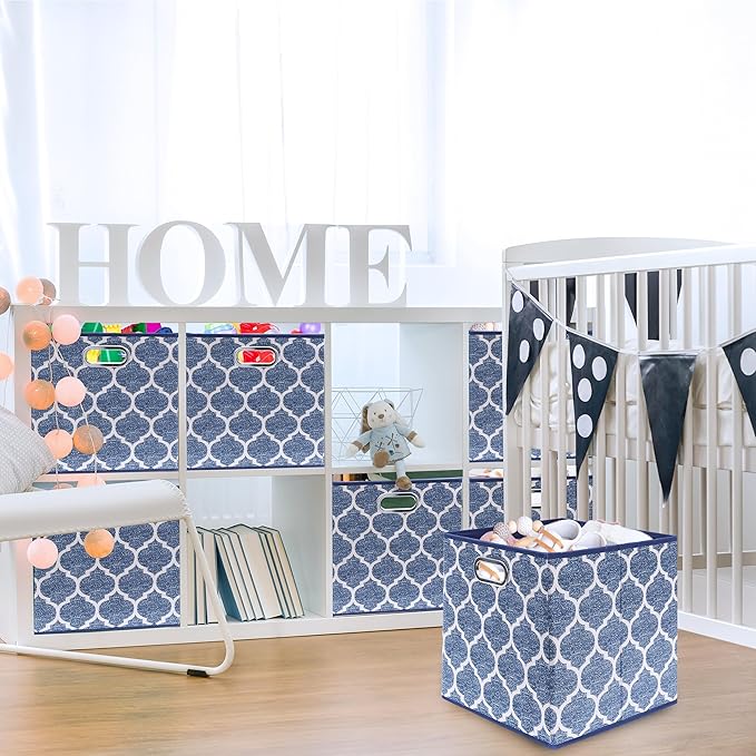 SIMPLE HOUSEWARE 13-Inch Collapsible Fabric Cube Storage Bin with Handles, Printed Design, 3 Pack, Steel Blue