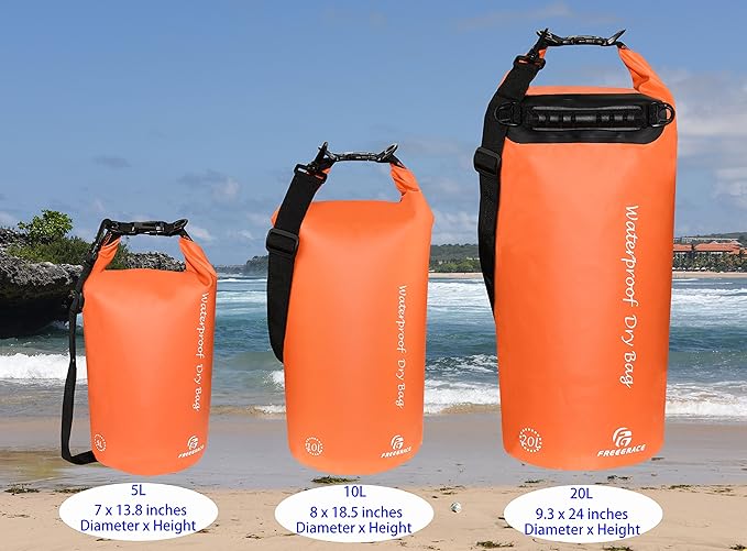 Freegrace Waterproof Dry Bags Set Of 3 - Dry Bag With 2 Zip Lock Seals, Waist Pouch & Phone Case - Can Be Submerged Into Water For Swimming, Kayak, Rafting & Boating (Without Window, Orange, 20L)