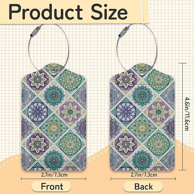 Vintage Mandala Floral Luggage Tag for Suitcase,Design with Privacy Flap Name ID Label Metal Loop, 3 Pack