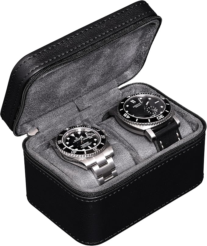 ROTHWELL 2 Watch Travel Case for Men | Compact PU Leather Protective Box with Microsuede Interior | Fits Watches & Smartwatches Up to 55mm (Black/Grey)