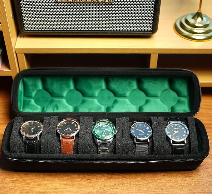 5 slots Hard watch travel case carry box display and Organizer, with flexible anti-move pillow fit small and large watches