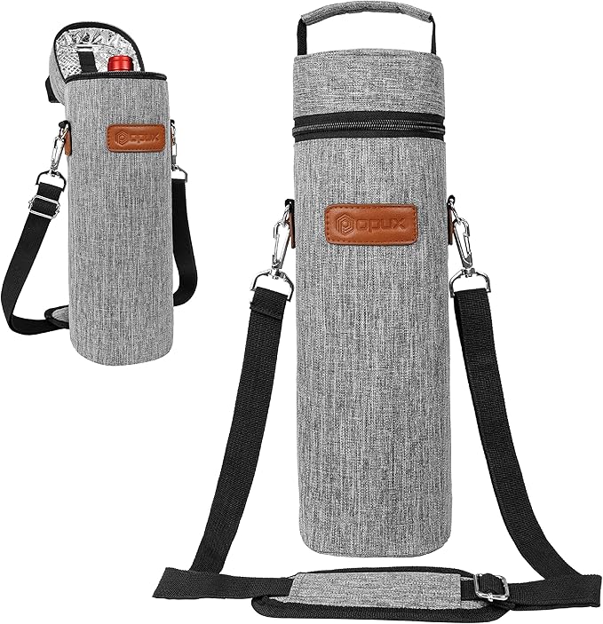 opux Wine Bag Single Bottle Carrier Tote, Insulated Wine Cooler Bag for Travel Picnic Beach with Shoulder Strap, Thermal One Bottle Holder Carrying Case Wine Gift for Women Men, Heather Light Gray