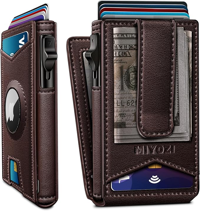 Airtag Wallet for Men,with Money Clip Gift Boxed,Slim Front Pocket Wallet RFID Blocking Metal Case Smart Pop-up Credit Card Holder in Magnetic Leather Flip