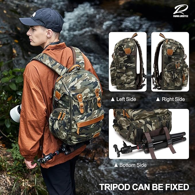 Padwa Lifestyle Camouflage Camera Backpack - Professional DSLR & UAV Camera Bag,Anti Theft Canvas Camera Backpack with Rain Cover,Large Capacity Photography Travel Camera Bag with Multi Compartments
