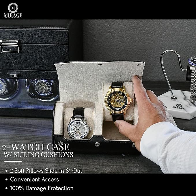 2 Watches Travel Case for Men - Mirage Watch Roll - Jade Black/Ivory White Vegan Leather