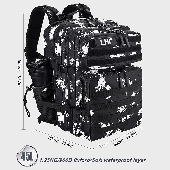 LHI Military Tactical Backpack for Men and Women 45L Army 3 Days Assault Pack Bag Large Rucksack with Shoe Compartment - Black Lightning