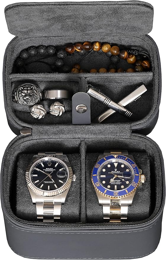 ROTHWELL 2 Watch Travel Case Storage Organizer for 2 Watches | Watch Case for Men and Women | Tough Portable Protection w/Zipper Fits All Wristwatches & Smart Watches Up to 50mm (Carbon)