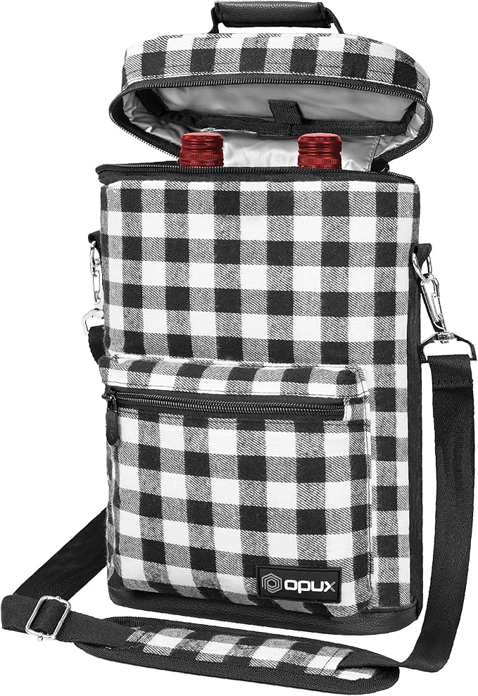 Opux 2 Bottle Wine Tote Carrier, Insulated Cooler Bag for Travel Picnic, Leakproof Padded Case, Wine Gifts for Women & Men, Plaid Buffalo White