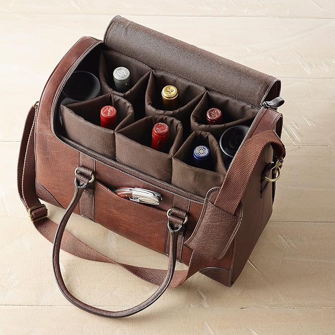 Wine Enthusiast 6-Bottle Leather Wine Tote Bag | Handcrafted Leather Wine Carrier with Dividers | Secure Buckle & Zipper Closure | Portable Wine Cooler Bag for Picnics, Travel & Parties | Wine Gifts
