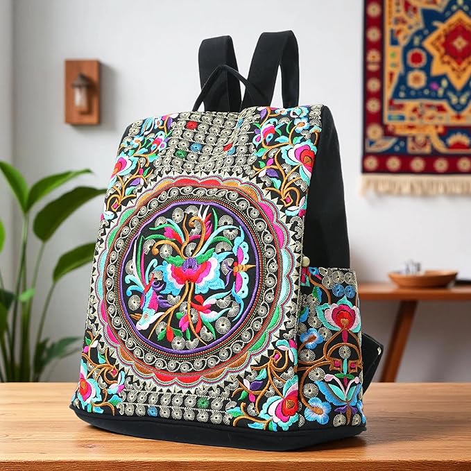 Jursccu Embroidered Women Backpack Purse, Fashion Canvas Travel Anti-theft Rucksack Shoulder Bag (Flower Embroidery)