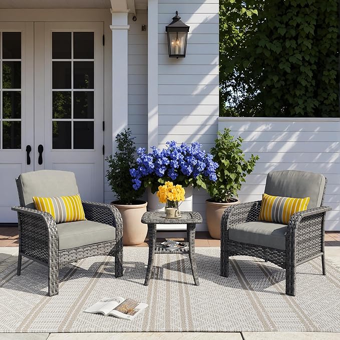 HOOOWOOO Patio Furniture Set,3 Pieces Outdoor Conversation Set,All Weather Wicker Bistro Set Yard Porch High Back Chairs Side Table,Dark Gray