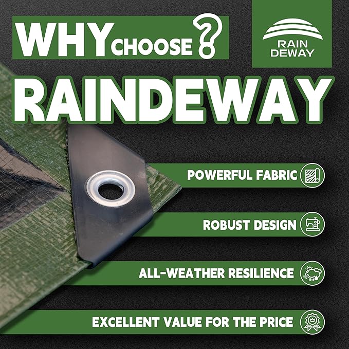 7x10 Feet Tarp Waterproof,9Mil Thick,Finished Size Tarps,UV Resistant,Durable,Multipurpose Poly Tarp Cover with Metal Grommets and Reinforced Edges,Green/Black by RAINDEWAY