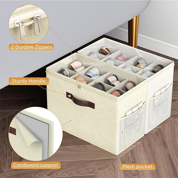 Budding Joy 2 Pack Shoe Organizer for Closet, Clear Foldable Shoe Storage Containers Adjustable Dividers Fits 16 Pairs,Shoe Storage Bins Baskets Boxes with Reinforced Handles Beige Yellow Beige