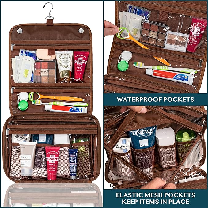 PAVILIA Hanging Toiletry Bag Women Men, Foldable Cosmetic Organizer Travel Bag, Water Resistant Makeup Bag Toiletries, Large Travel Essentials Kit (Brown)