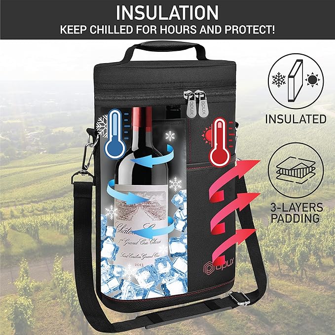 opux 2 Bottle Wine Carrier Tote, Insulated Leakproof Wine Cooler Bag, Wine Travel Bag Tote for Picnic BYOB Beach, Portable Wine Bottle Carrying Case, Gift for Wine Lover Women Men Christmas, Black