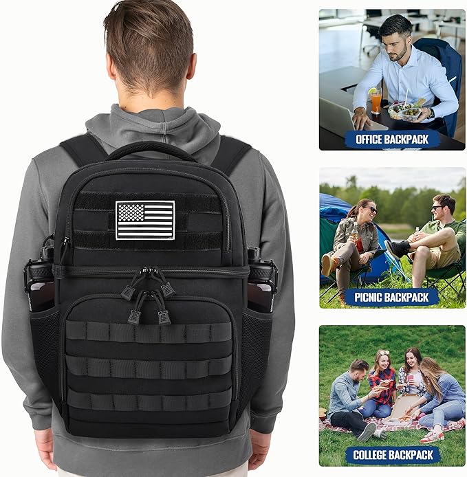 MOZETO Lunch Backpack for Men, Tactical Inspired Double Deck Cooler Backpack Insulated Leakproof RFID Lunchbox for Work