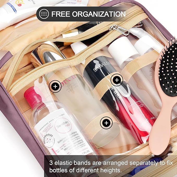 Travel Hanging Toiletry Bag for Women, with Jewelry Organizer Compartment, Medium Waterproof Hanging Makeup Accessories, Cosmetic Essentials, Toiletries Dopp Kit Set with Trolley Belt, Dark Purple