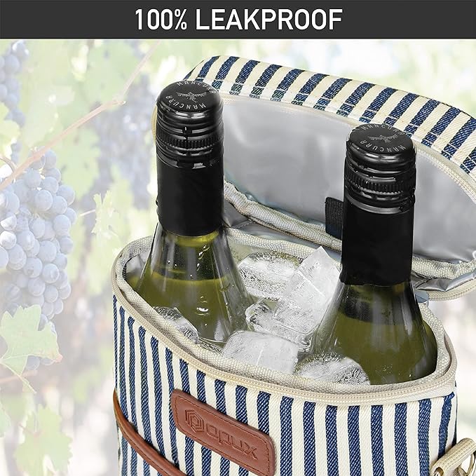 opux 2 Bottle Wine Carrier Tote, Insulated Leakproof Wine Cooler Bag, Wine Travel Bag for Picnic BYOB Beach, Portable Wine Bottle Carrying Case, Gift for Wine Lover Women Men Christmas,Stripe
