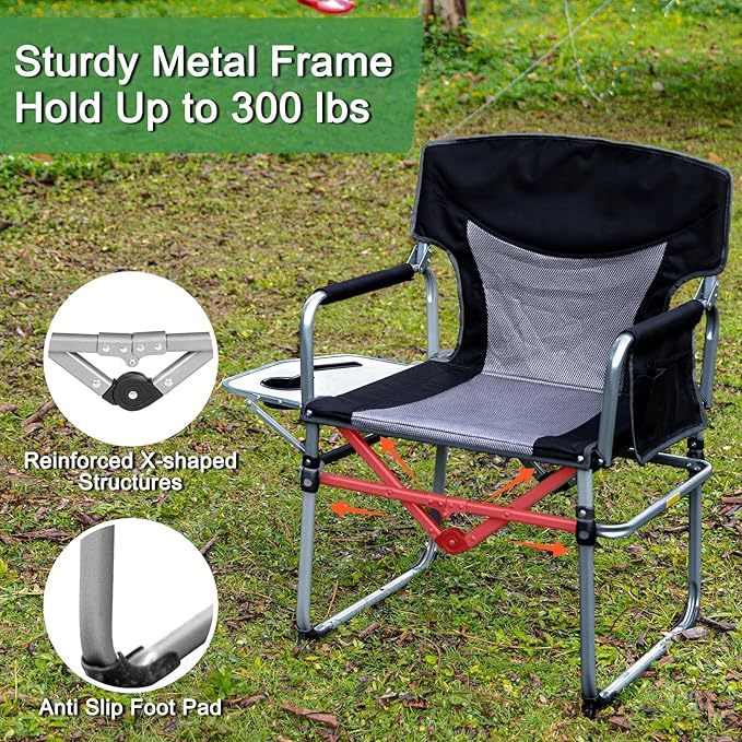 Romswi Director Chairs for Outdoor, Folding Camping Chair, Compact Directors Chair Side Table and Side Bag, Heavy Duty Oversize Seat for Beach Fishing Picnic Chairs, Holds up to 300 lbs Black 2 Pcs