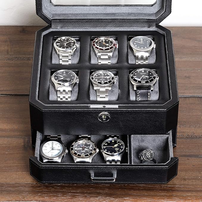 ROTHWELL Gift Box with 6 Slots Leather Watch Box and 2 Watches Travel Case - Storage Box Holder with Glass Top (Black/Grey Gift Box)