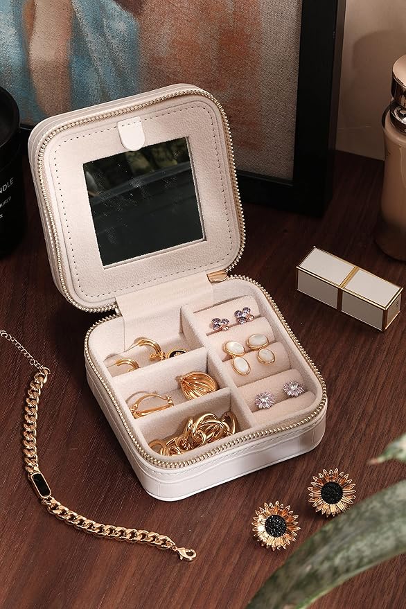 S.Leaf Travel Jewelry Organizer Travel Jewelry Boxes for Women Small Jewelry Travel Case Box Portable Travel Jewelry Case Travel Case Mini Jewelry (10_Pattern_Crocodile_White)