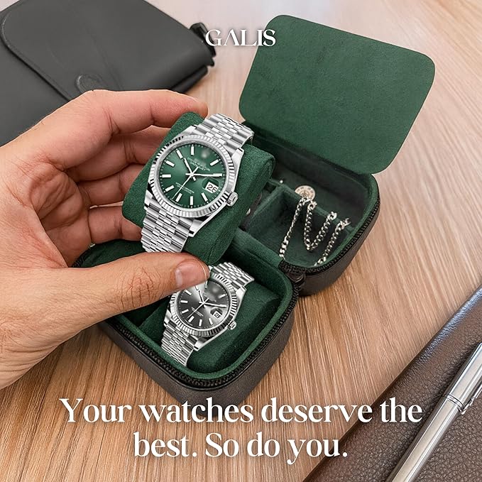 Galis Luxury Watch Case for Men High End Portable 2-Slot Watch Holder and Watch Case for Travel, Premium Watch Box for Men, Jewelry Storage Organizer, Gift for Him, Fathers, Husband (Black & Green)