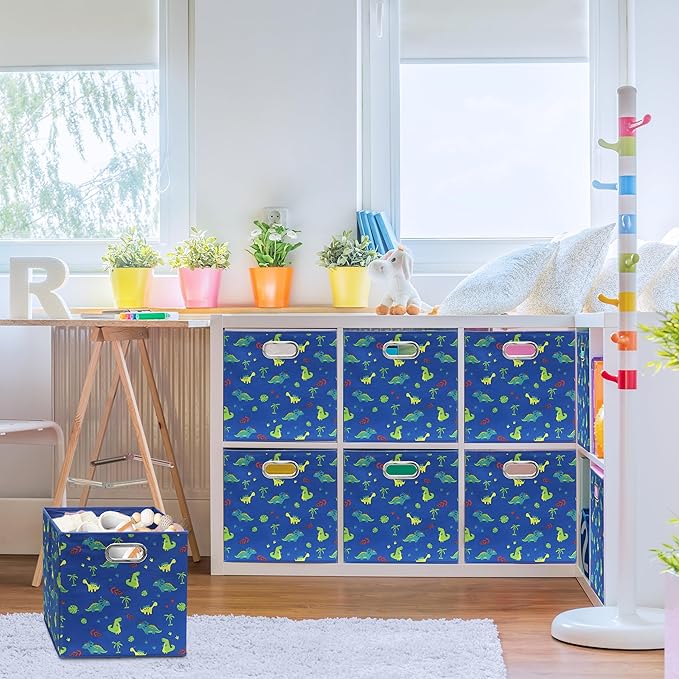 SIMPLE HOUSEWARE 13-Inch Collapsible Fabric Cube Storage Bin with Handles, Printed Design, 3 Pack, Blue