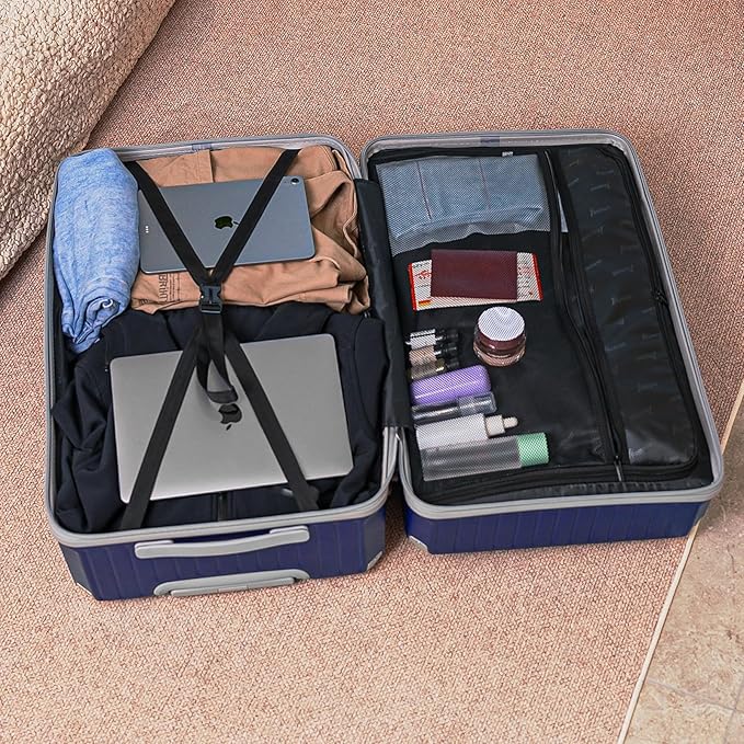 Romswi Suitcase Set with TSA Lock Cup Holder, Hardside Spinner Suitcase with Duffel Bag, Lightweight Durable PC+ABS Navy 5 PCS(20/24/28inch)